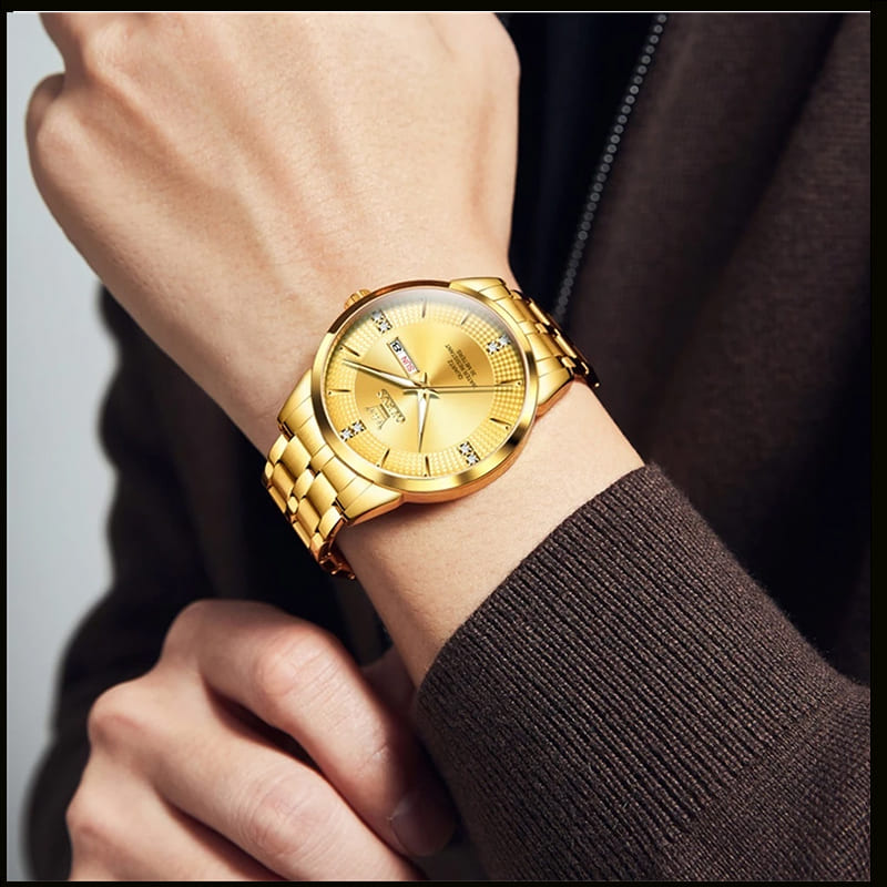Relógio Masculino de Luxo A Prova D água Dourado Brilhante De Aço Inoxidável