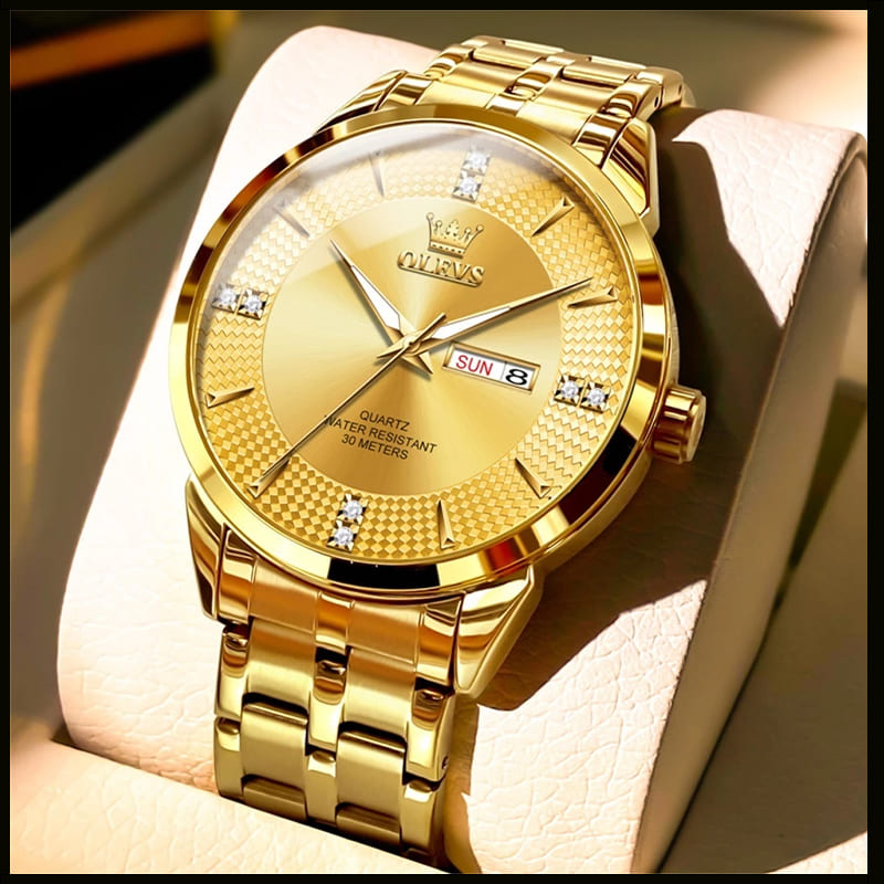 Relógio Masculino de Luxo A Prova D água Dourado Brilhante De Aço Inoxidável