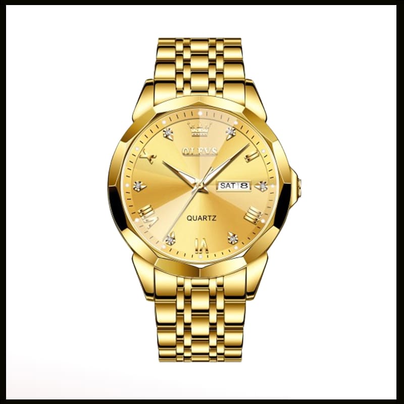 Relógio Masculino de Luxo A Prova D água Dourado Brilhante De Aço Inoxidável